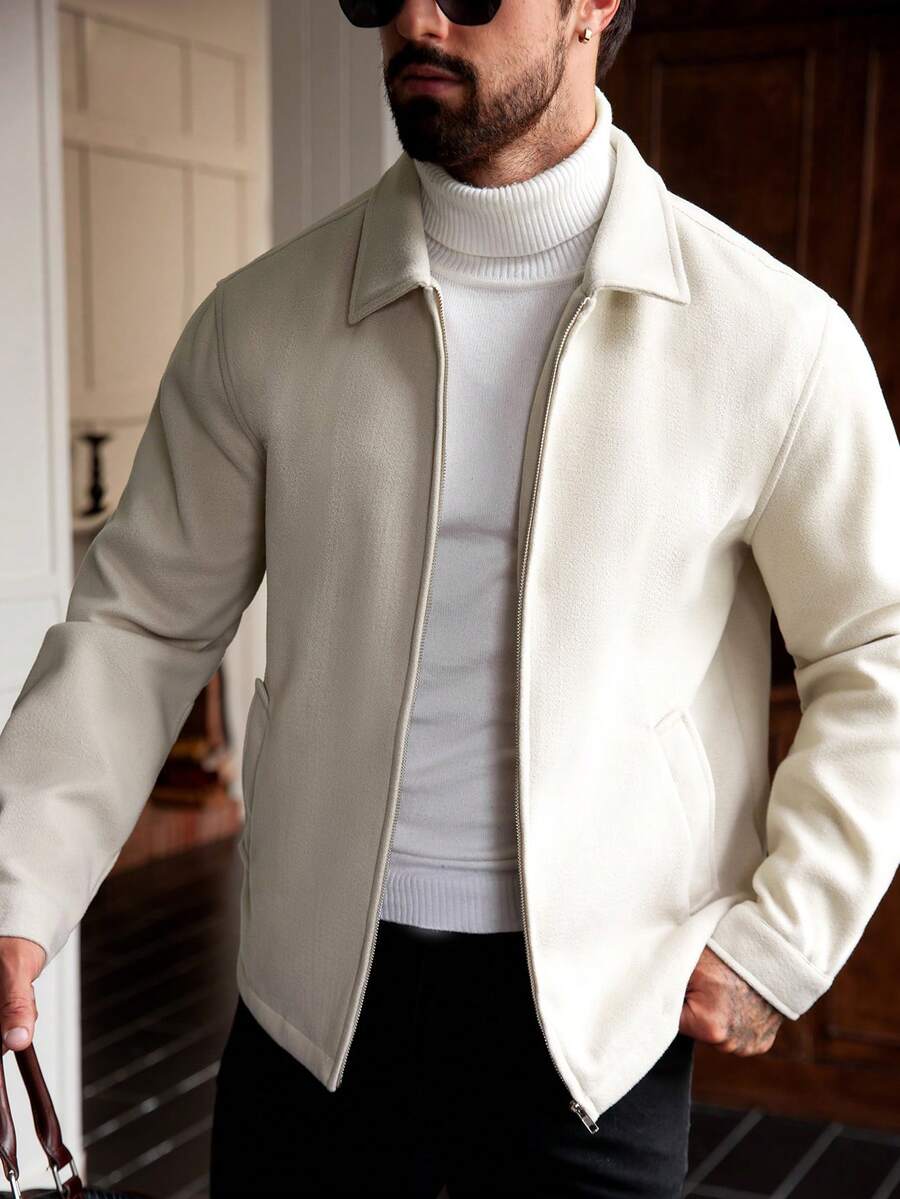 Manfinity Homme 加大码男士长袖休闲纯色简约拉链外套，秋季米色男士米色外套 白色 - 杏色 - 查看 1
