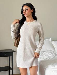 SHEIN PETITE Women's Casual Ribbed Long Sleeve Short Dress, Basic For Autumn/Winter Daily Wear - Apricot - View 11
