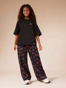 SUMWON Tween Girls Cherry Print Co-Ord Set With Oversized Top And Wide Leg Pants Casual Outfit - Black - View 1