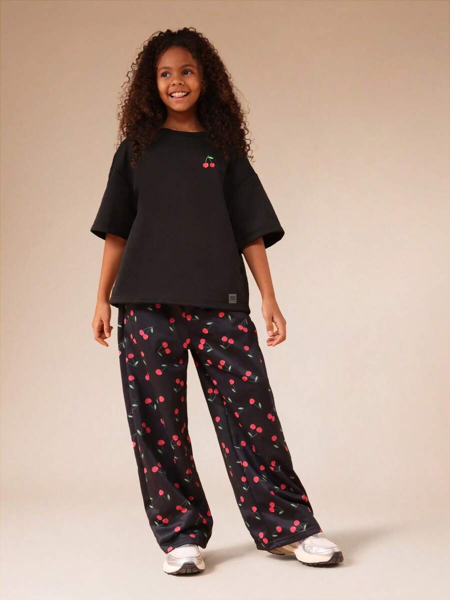 SUMWON Tween Girls Cherry Print Co-Ord Set With Oversized Top And Wide Leg Pants Casual Outfit - Black - View 1