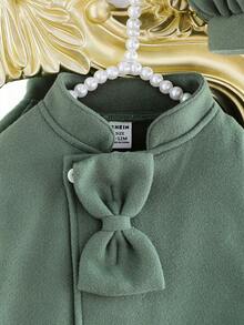 SHEIN Elladie kids 女婴优雅简约蝴蝶结外套和帽子套装，秋冬款 - 綠色 - 查看 4