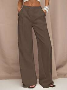 SHEIN BAE 女士休闲口袋不对称腰长裤 - 咖啡棕 - 查看 1