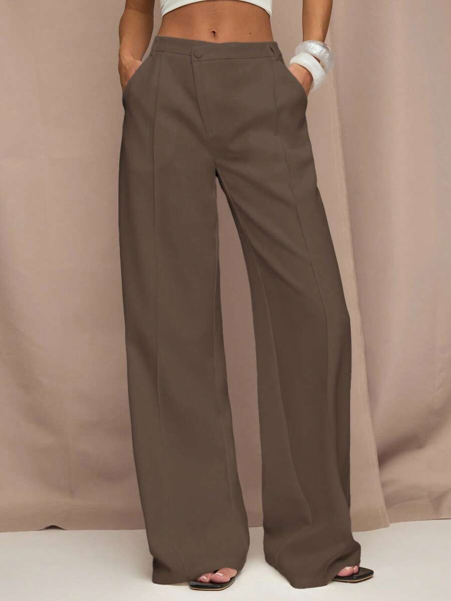 SHEIN BAE 女士休闲口袋不对称腰长裤 - 咖啡棕 - 查看 1