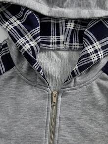 ROMWE MEN Prep 男士休闲格子拼接拉链连帽卫衣，秋季款，长袖上衣 - 灰色 - 查看 4