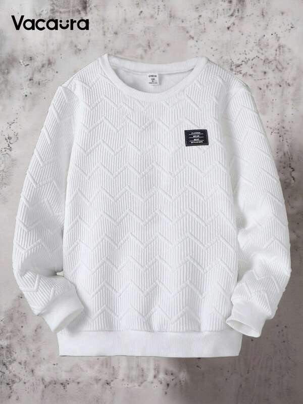 SHEIN Tween Boy Geometric Fabric Letter Print Crew Neck Long Sleeve Casual Sweatshirt