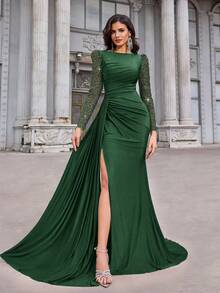 Aureia 优雅奢华亮片刺绣拼接弹力针织面料圆领褶皱薄纱长袖修身鱼尾高开衩连衣裙，适合单身派对、约会、舞会、生日、婚礼、正式场合、情人节等场合。 - 墨綠色 - 查看 1