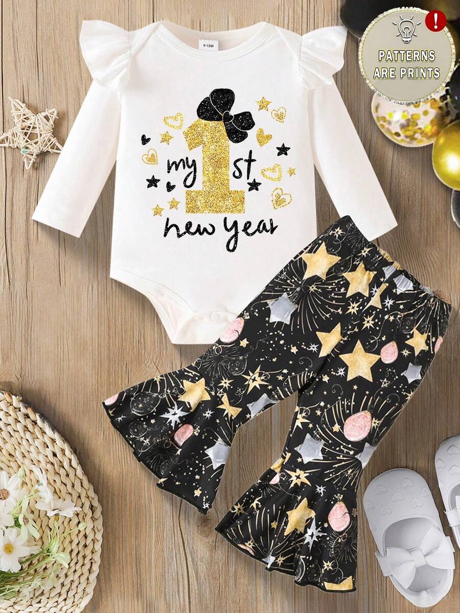女婴两件套:时尚简约蝴蝶结、爱心、星星“我的第一个新年”字母印花长袖连体衣和星星印花喇叭裤,适合新年和春季穿着。 - 彩色 - 查看 1