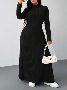 SHEIN EZwear 黑色羊毛罗纹高领休闲加大码长款连衣裙，秋冬款 - 黑色 - 查看 1