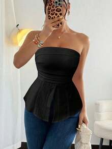 Selianne 女士编织纹理抹胸露背休闲性感短款上衣，春夏款 - 黑色 - 查看 4