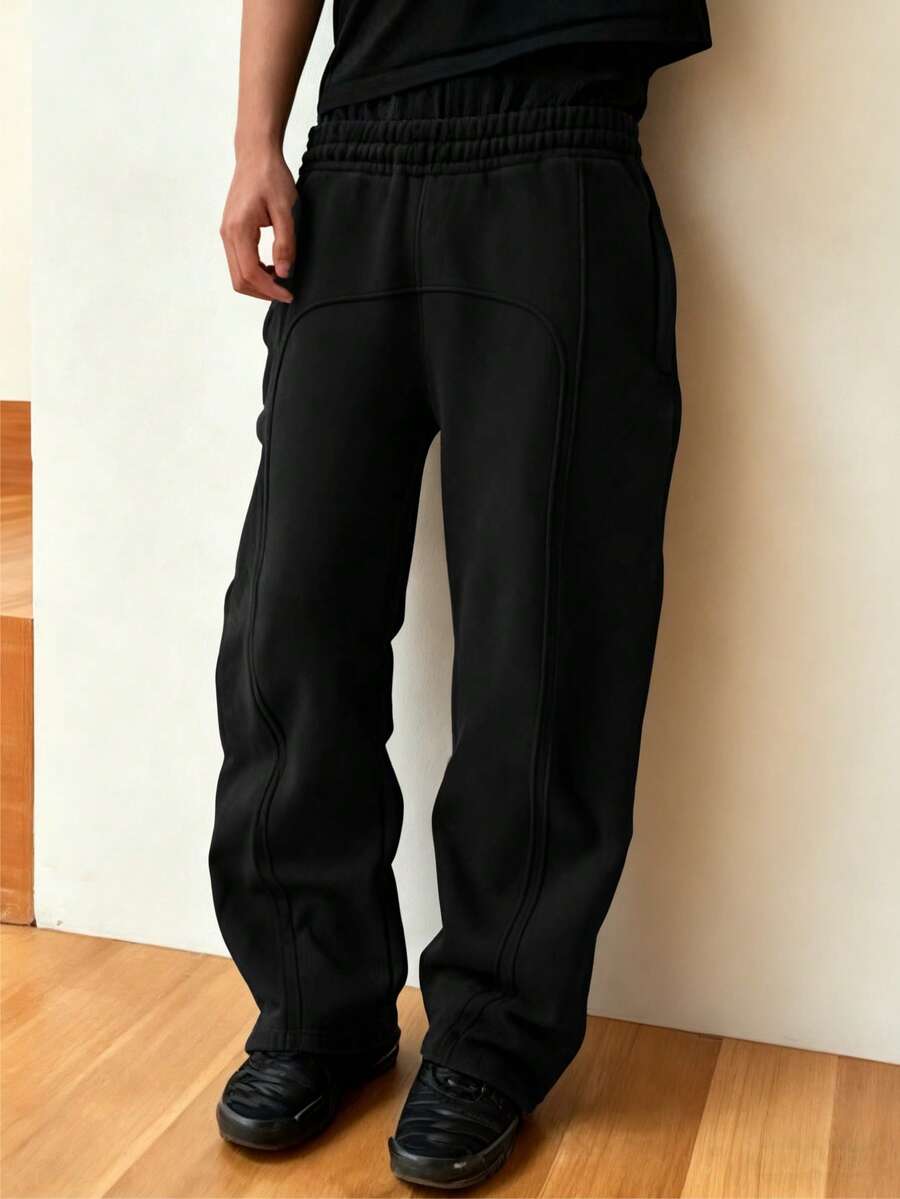 Mirajuku Teen Boy's Casual Loose Fit Sporty Straight Leg Sweatpants With Contrast Panels, Versatile For All Seasons - Black - View 1