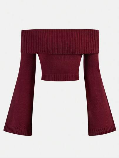 SHEIN Girlism Pull court en tricot à manches évasées et épaules dénudées, couleur bordeaux, pour adolescentes, automne/hiver