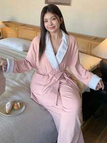 Dazy Plus 2pcs/Set Contrast Color Block Thick Loose Drawstring Top And Pants Pajama Set, Casual Sleepwear For Women Plus Size, Fall & Winter Clothes - Pink - View 7