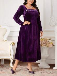 Modelyn Große Größen Elegantes Kleid für Damen mit Blumenmuster, Strass-Verzierung, quadratischem Ausschnitt und Puffärmeln - Violett - Übersicht 4