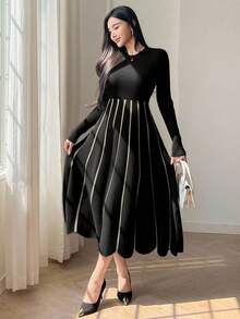 DAZY 女士优雅撞色条纹针织毛衣连衣裙，秋冬款 - 黑色 - 查看 5