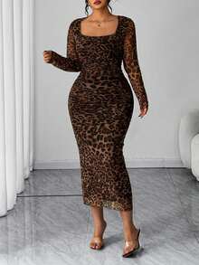 Elenzga Plus Size Leopard Print U-Neck Long Sleeve Ruched Waist Elegant Bodycon Cocktail Dress, Suitable For Work And Party, Autumn/Winter