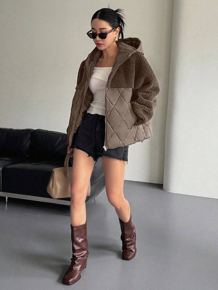 DAZY 女式拼布千鸟格短款羊毛夹棉大衣，秋冬 - 棕色 - 查看 2