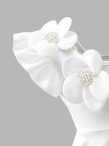 Sweetra Young Girls White Beaded Floral Decor Waist Flared A-Line Dress, Fashion Suitable For Birthday Party, Summer - White - View 4