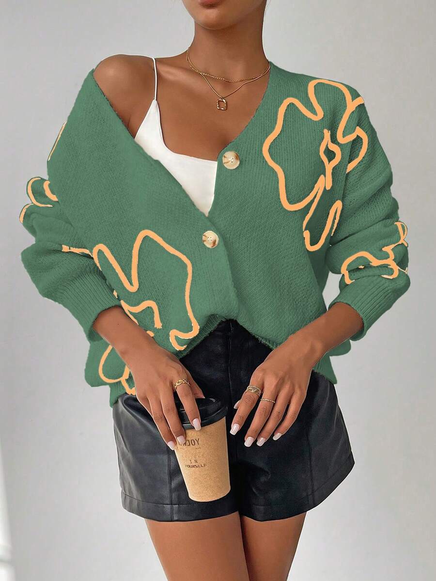 SHEIN Unity Cardigan Rajut Kasual Lengan Panjang Motif Bunga dengan Bahu Longgar untuk Wanita, Musim Gugur/Dingin - Hijau - View 1