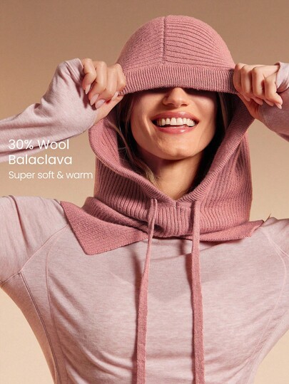 GLOWMODE Keep It Cozy 30% Wool Soft Warm Chill Ribbed Drawstrings Woven Balaclava Autumn Winter Daily Casual Wear