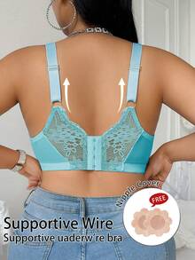 DesireSculpt Plus Size Lace Patchwork Bra With Underwire And Bow Decor, 1pc Lift Lingerie Bra - Blue - View 2