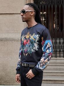 Manfinity Roghcode Men's Black Autumn Streetwear Knitted Sweatshirt,Luxury Graphic Printed Crew Neck Pullover,Loose Cropped Long Sleeve Top,Holiday Fashion Sportswear - Black - View 3