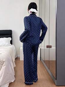 SHEIN Bubble Wrinkle Heart Print Long Sleeve Top & Pants Women PJS Polka Dot PJS , Fall & Winter Clothes - Navy Blue - View 3