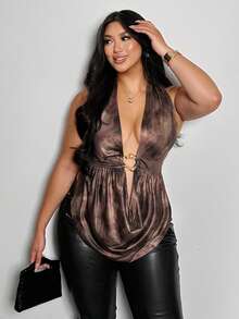 Firerie 大码女式深V领扎染露背褶皱金属装饰性感优雅吊带背心，适合秋冬季、派对、宴会等场合。 - 彩色 - 查看 1