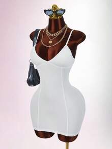 Amplova Women's Solid Color Coated Cup Padded Bodycon Mini Cami Dress,Summer Dresses For Women - White - View 2