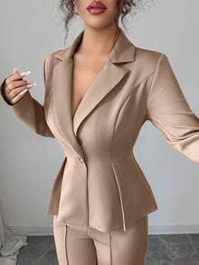 Elenzga 优雅束腰套装，时尚通勤喇叭裤，适合节日、约会、独立日、女教师装 - 卡其色 - 查看 4