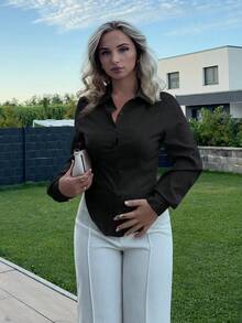 Jeta Ari Women's Casual Commuter Solid Color Fitted Shirt Fall Cloth For Women - Black - View 6