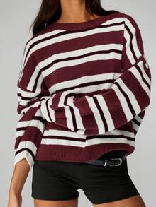 MISSGUIDED Boxy Fit Oversized Striped Knit Sweater With Drop Shoulders And Ribbed Cuffs For Fall Winter Casual Wear Christmas - Burgundy - View 5