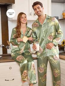 CoupledUp Camisa de homewear de seda sintética con estampado floral, conjunto de pijama para hombres, apto para uso en interiores y exteriores - Verde - Ver 7