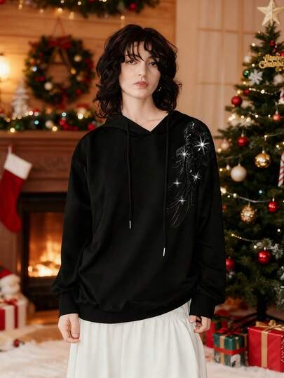 Uhlyne 女式纯色通勤风格休闲贴布设计抽绳连帽夹克