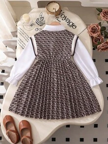 New Spring/Autumn Korean Style Fashion Girls Dress, Long Sleeve Shirt Collar Splicing A-Line Pleated Skirt, School Style - Coffee Brown - View 2