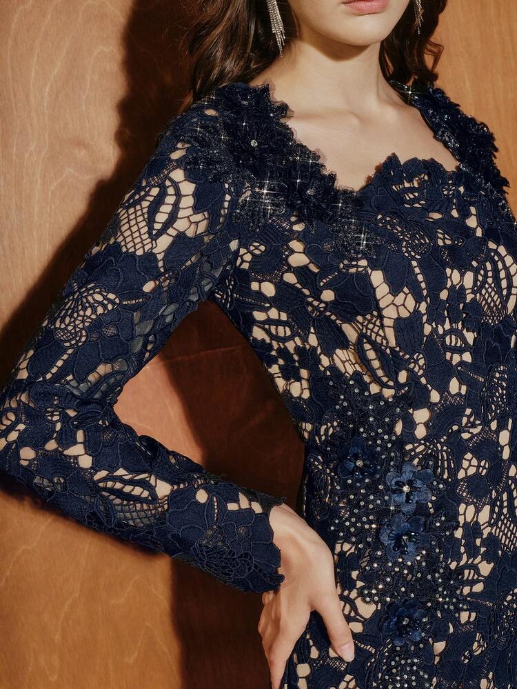 European Style New Autumn/Winter High-End Vintage Lace Hollow-Out Elegant Collar Fitted Mid-Length Dress For Formal Occasions