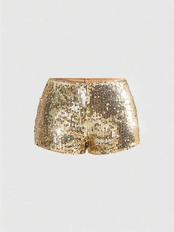 ROMWE Grunge Punk Shorts mini con lentejuelas brillantes de talle súper bajo sexy para mujer, adecuados para verano, playa, graduación, Pascua, concierto, vacaciones en Nashville, baile de graduación, estilo punk callejero, festival de música