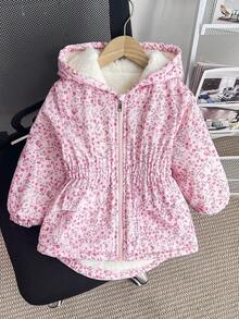 SHEIN 女童新款冬季羽绒服，拉链连帽，杏色碎花图案，保暖内衬，修身剪裁，腰部收紧，带口袋，休闲百搭，外套 - 粉色 - 查看 3