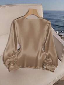 Franclia Áo sơ mi nữ cổ bất đối xứng màu trơn thường ngày, mùa xuân/thu - Rượu sâm banh - Xem 2