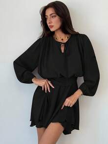 Aloruh Black Elegant French Date Dinner Date Music Festival Tie-Up Long Sleeve Ruffle Hem Mini Dress For Women Autumn - Black - View 3