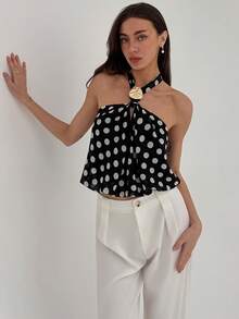 Aloruh 女士新款冬季上衣，优雅的露背系带设计，现代风格，简约波点吊带背心，适合日常穿着、约会、秋冬叠穿、圣诞节和新年穿着。 - 黑色 - 查看 8