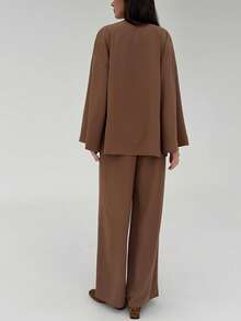 Aloruh Apricot Casual Office Outfit, New Autumn/Winter Loose Blazer Jacket + Wide Leg Pants 2 Pieces Set For Women Brown - Apricot - View 3
