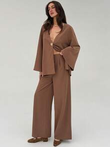 Aloruh Apricot Casual Office Outfit, New Autumn/Winter Loose Blazer Jacket + Wide Leg Pants 2 Pieces Set For Women Brown - Apricot - View 4