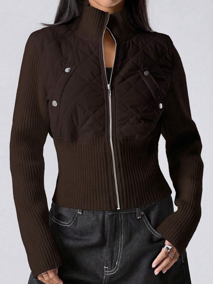 LYSMO 女士时尚绗缝拉链羽绒服，秋冬款 - 咖啡棕 - 查看 1