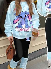 SHEIN 2pcs/Set Teen Girls Cute Cartoon Blue Rabbit Lulu, Stitch Pattern Tie-Dye Sweatshirt And Leggings Set, Comfortable Loose Fit Crew Neck Pullover And Skinny Pants, Suitable For Autumn/Winter Daily Wear, Casual Outfits , Easy Comfort, Autumn/Winter Layers For Girls, Stylish Kids, Casual Wear, Kids Graphic Clothes, Fall/Winter Clothes