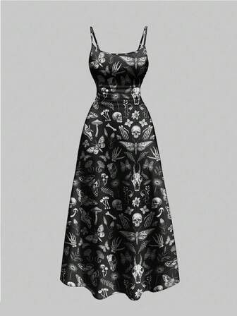 Goth Gothic Dark Skull,Ruchedd Floral, Mushroom, Sun & Moon Print A-Line Dress For Women