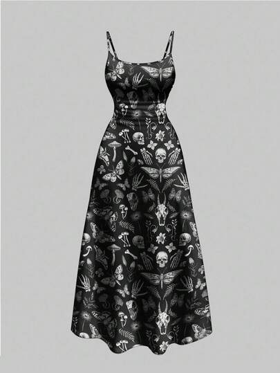 Goth Gothic Dark Skull,Ruchedd Floral, Mushroom, Sun & Moon Print A-Line Dress For Women