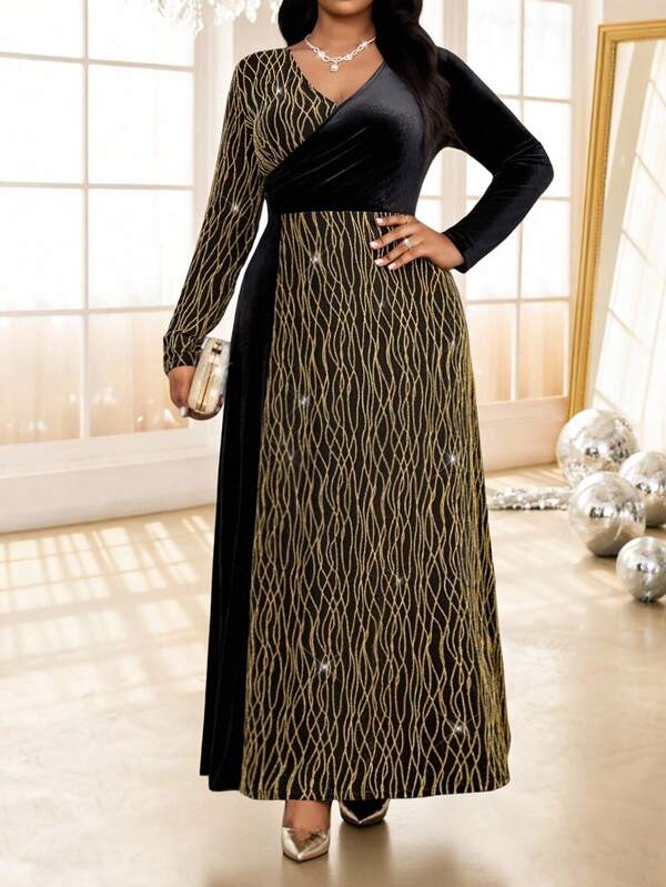 Fleurora Robe élégante à manches longues et col en V en velours pour femmes en grande taille