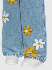 SHEIN ChillGRL 女童花卉、心形、彩虹涂鸦印花休闲舒适柔软牛仔连体裤