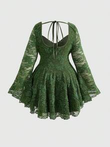 ROMWE Goth Váy ren xanh cổ điển tay loe cỡ lớn cho nữ - màu xanh lá - Xem 2