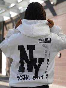 SAYEHFBABY 女士休闲简约图案印花连帽运动衫，宽松厚款，长袖上衣 - 白色 - 查看 2